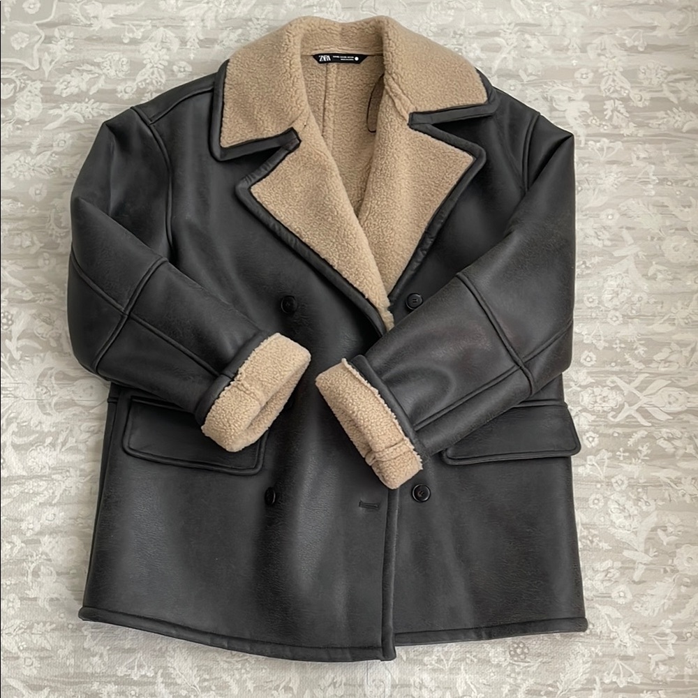 Zara Dark Brown Leather and Shearling Jacket